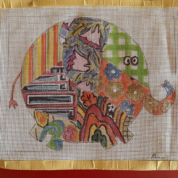 Vintage Elephant Colorful Patchwork Hand Painted Needlepoint Canvas Unworked - Picture 2 of 3